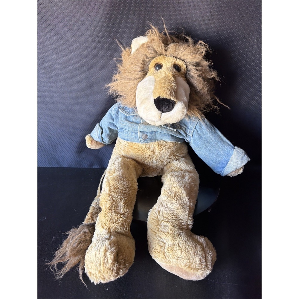 Macy's 1994 Vintage Bullocks Rowland Plush Lion Hand Puppet w/ Denim Jacket 25"